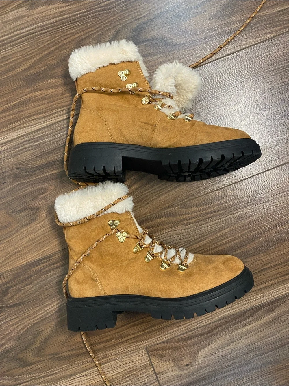 J. Crew Tan Faux-Suede Fold-Over Fur Lace-Up Winter Boots